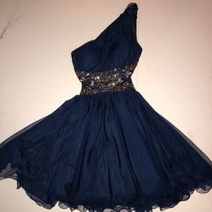 One shoulder navy blue shirt dress